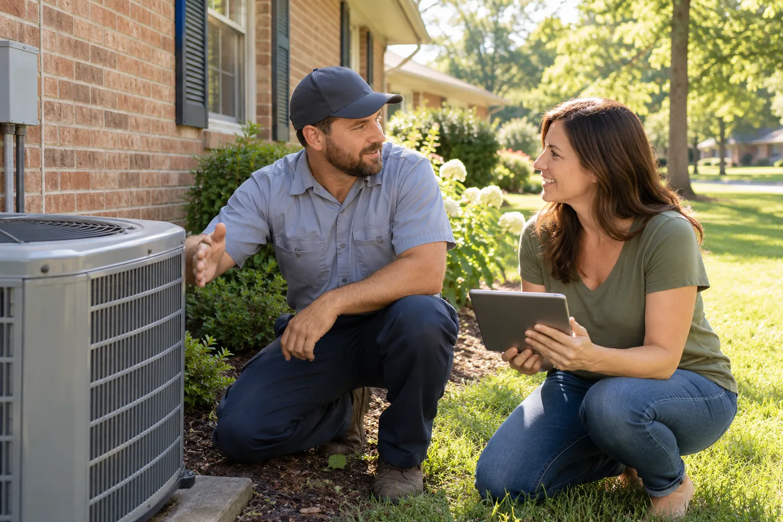 Friendly HVAC provider showing a homeowner the outdoor AC unit at a bungalow home in Cahokia Heights