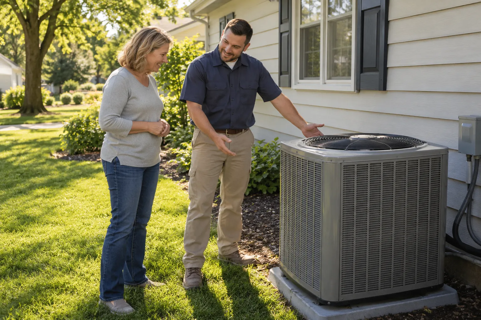 Friendly HVAC provider talking with a homeowner beside an outdoor AC unit in Cahokia Heights